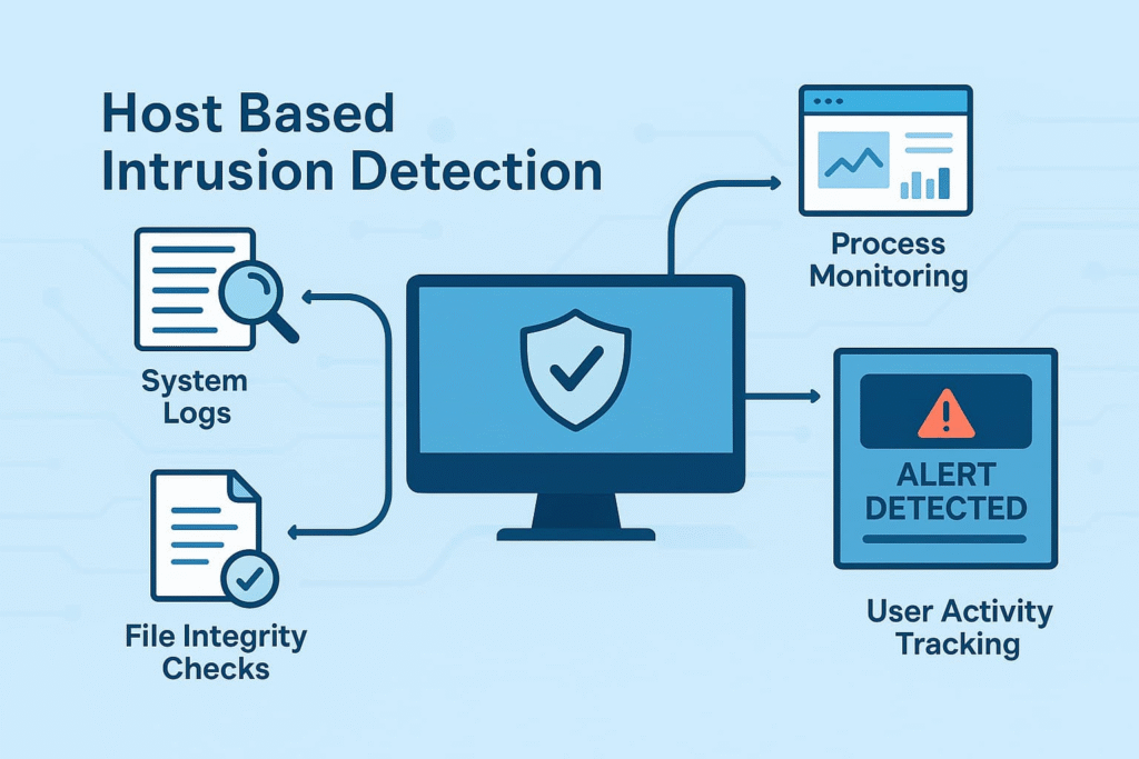Diagram illustrating host based intrusion detection (HIDS) with components like system logs, file integrity checks, and alerts.