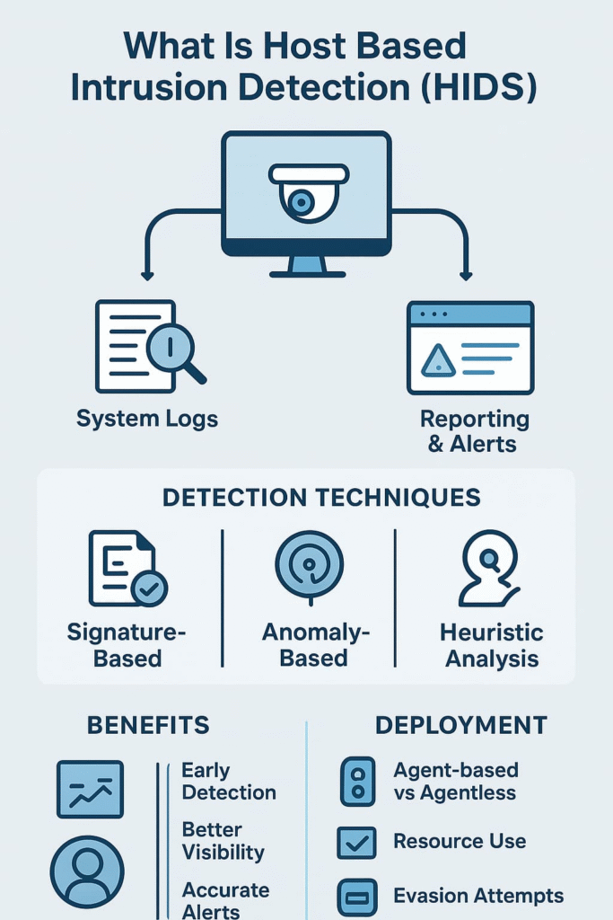 Infographic explaining host based intrusion detection (HIDS) with detection techniques and benefits illustrated.