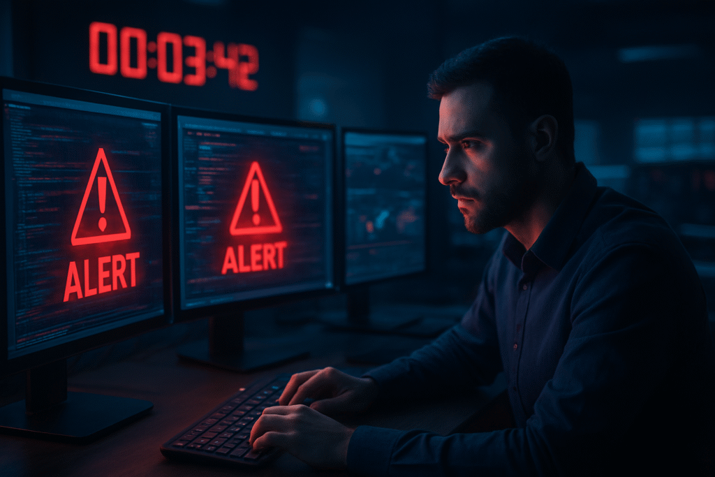 A man works diligently at a computer monitoring system displaying urgent security alerts, highlighting the importance of threat intelligence services.