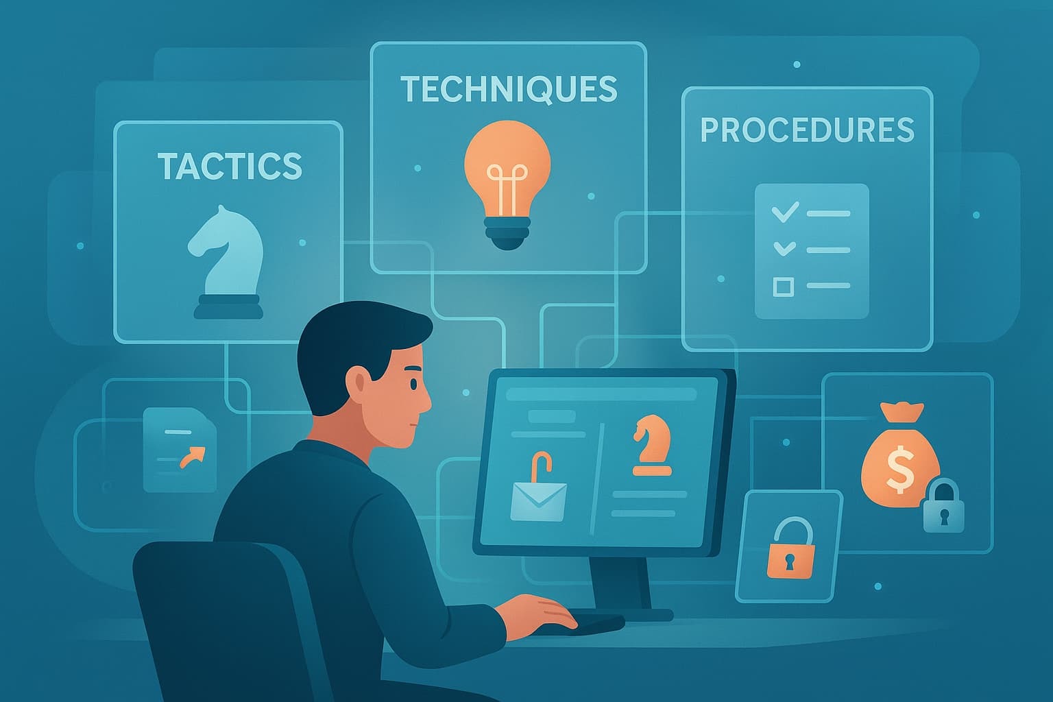 A person analyzing information on a computer about understanding threat actor TTPs, including tactics and techniques.