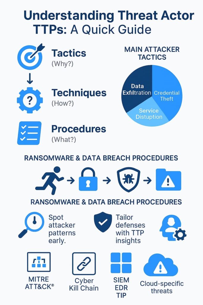 Infographic illustrating understanding threat actor TTPs, focusing on tactics, techniques, and procedures in cybersecurity.