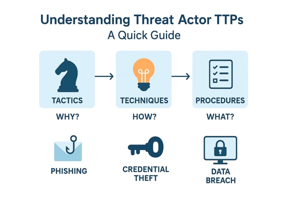 Infographic illustrating understanding threat actor TTPs: tactics, techniques, and procedures with icons for phishing and data breach.