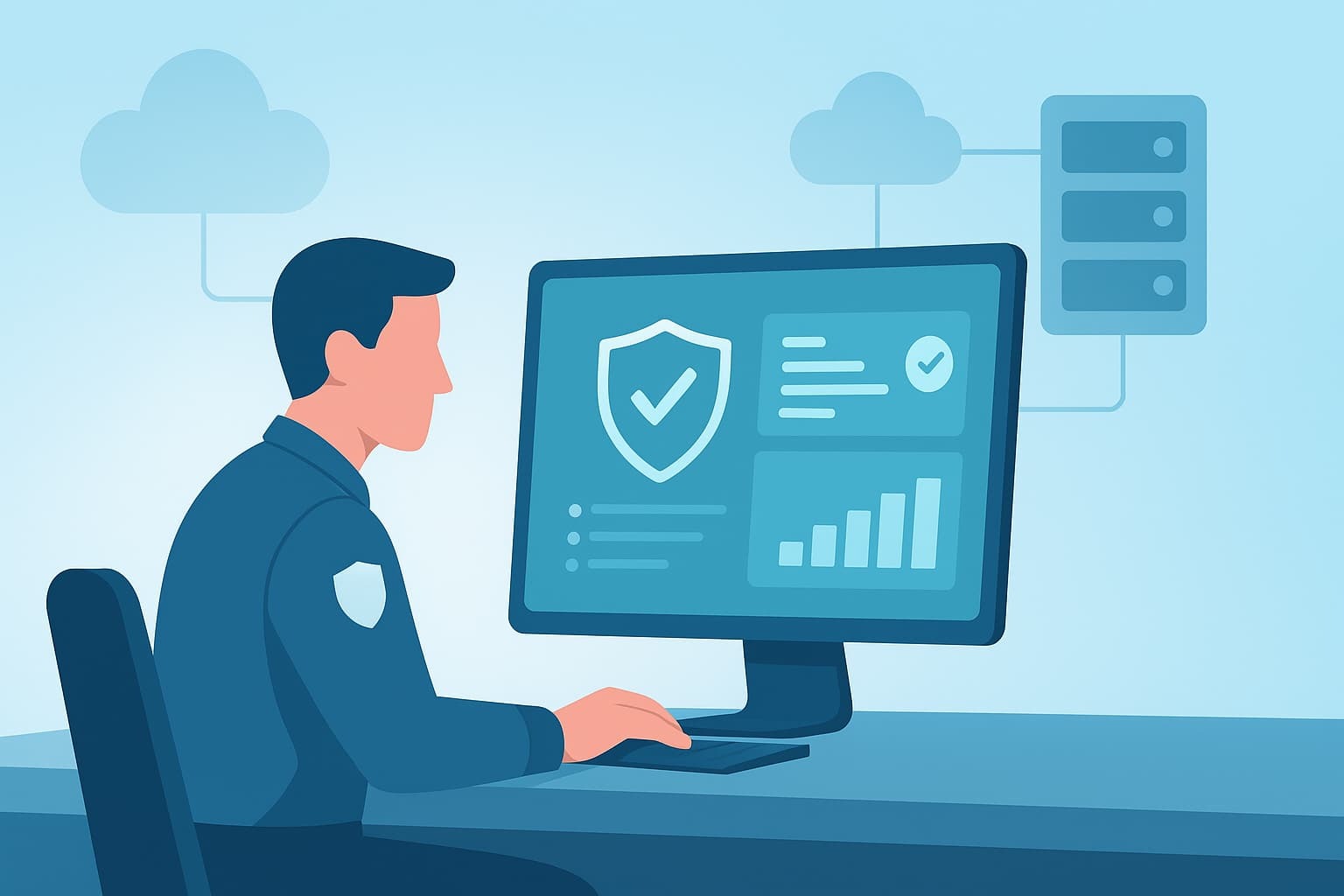 Cybersecurity analyst monitoring dashboard log management for compliance with cloud and server connections.
