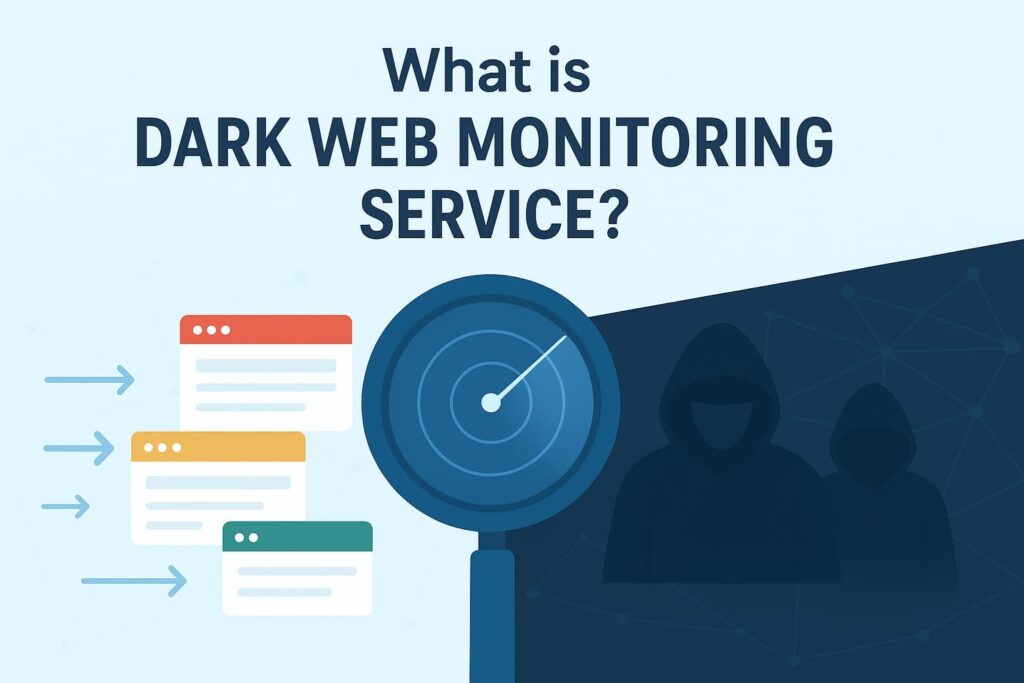 Graphic illustrating what dark web monitoring service is, with icons representing web pages and a magnifying glass icon.