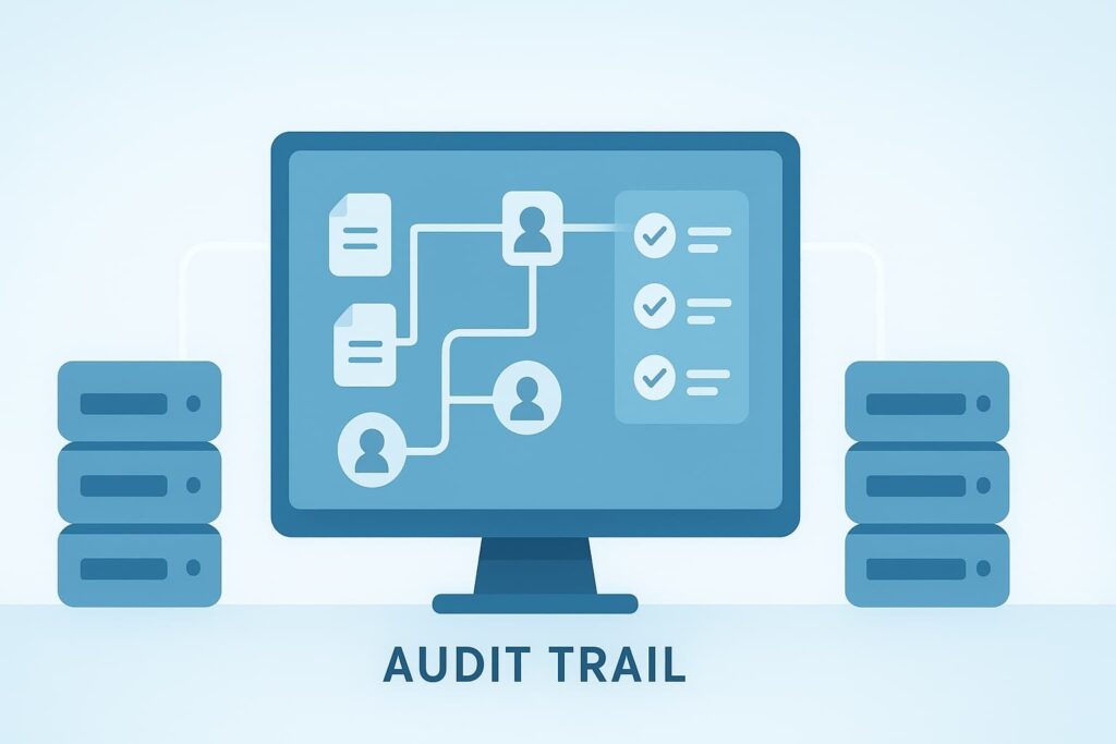 Computer screen displaying audit trail workflow for log management for compliance with connected servers.