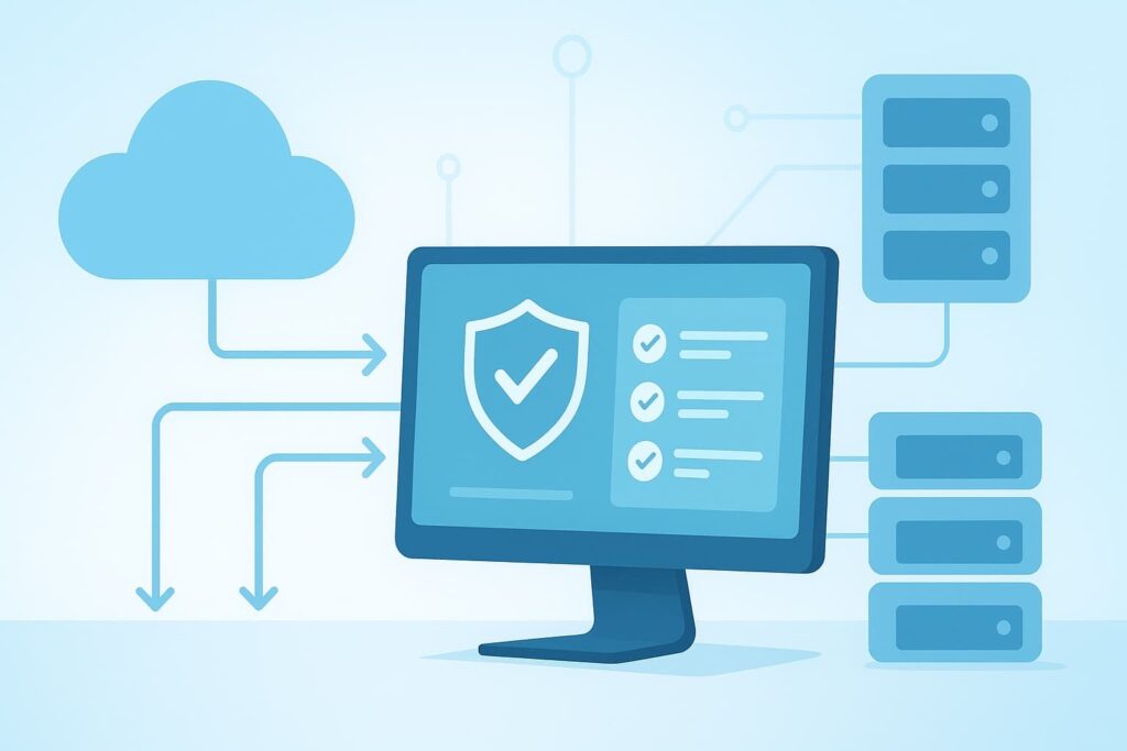 Computer screen showing security dashboard for log management for compliance with cloud and server data connections.