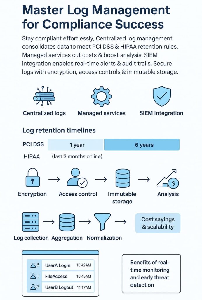 Infographic detailing log management for compliance, focusing on PCI DSS, HIPAA, and centralized data analysis.