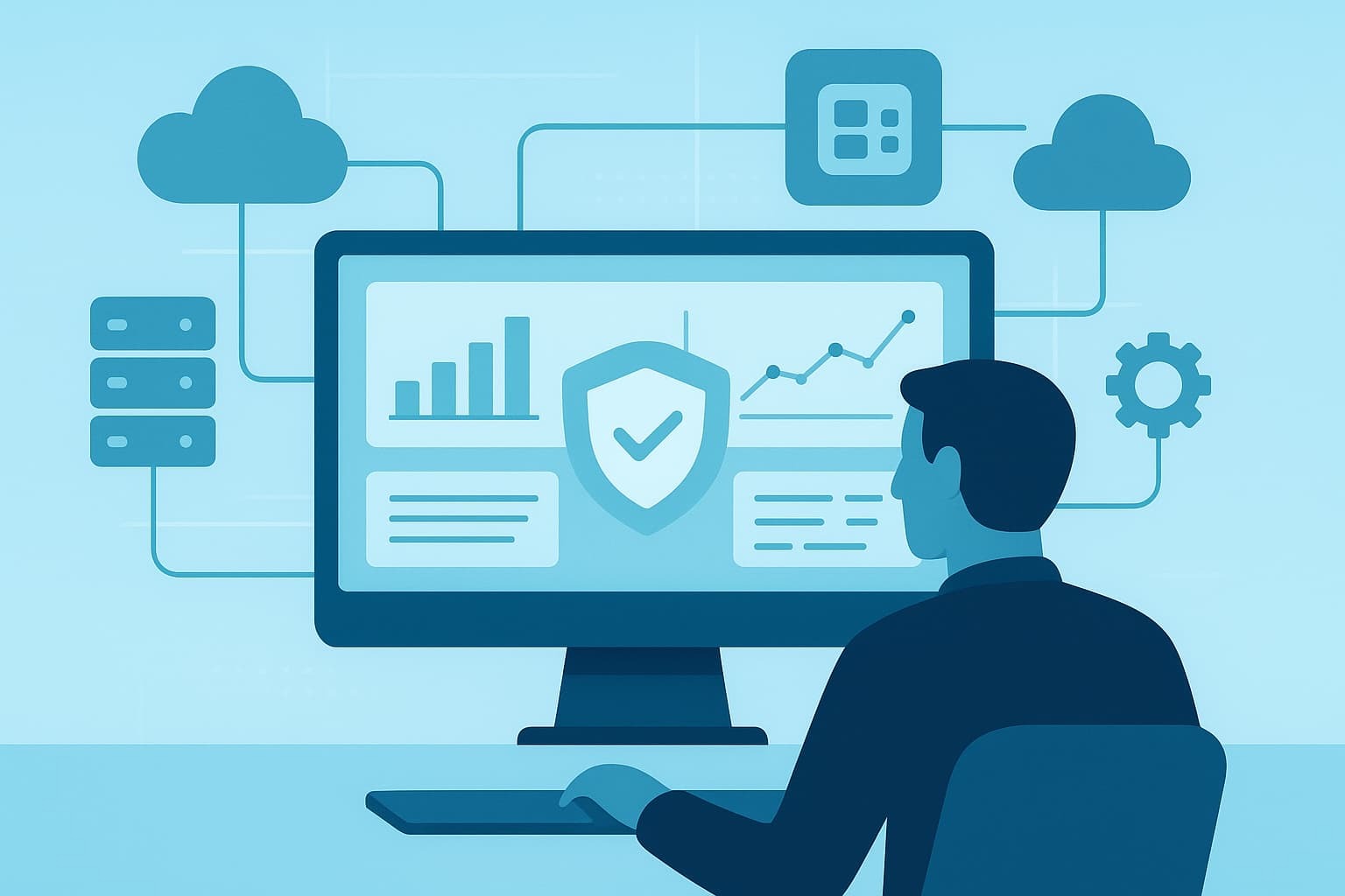 Centralized log management solution - a computer monitor displaying data analytics and security icons.