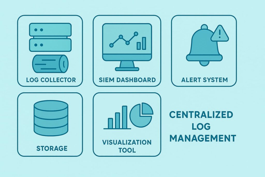 Centralized log management solution featuring storage, SIEM dashboard, alert system, and data visualization tool.