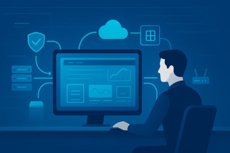Illustration of a person monitoring a computer displaying cloud-based manage log management service with icons representing security, storage, and analytics.