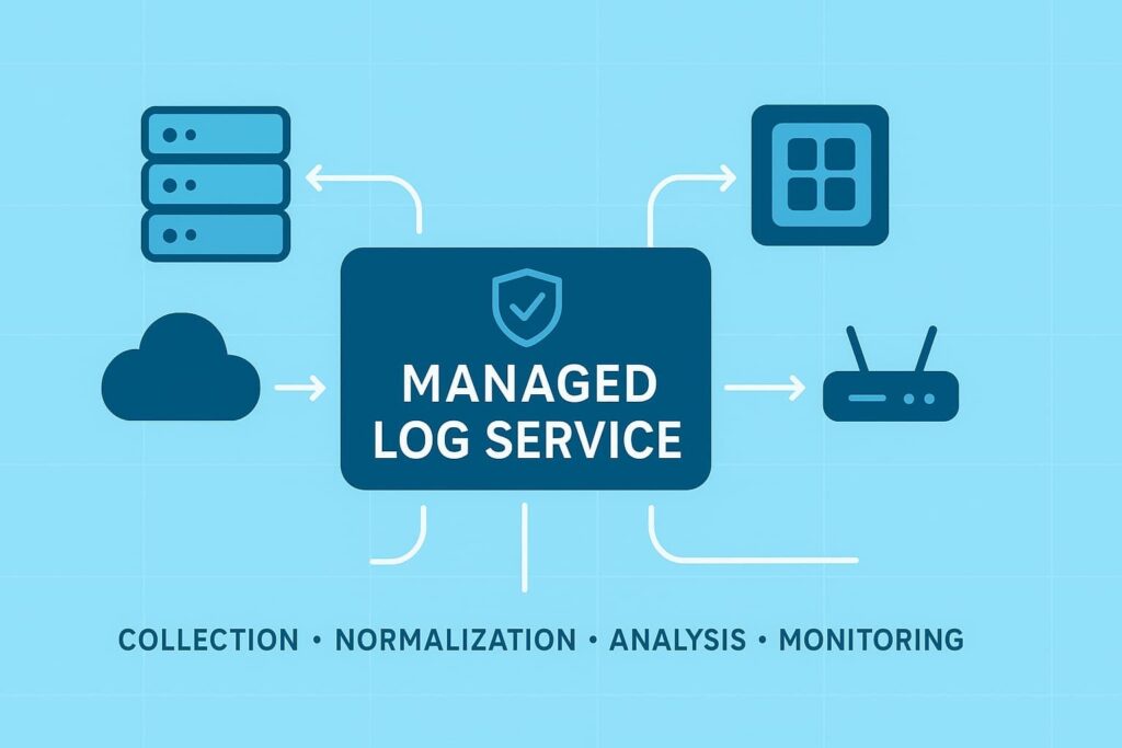 Managed log management service diagram showing collection, normalization, analysis, and monitoring capabilities for IT infrastructure.