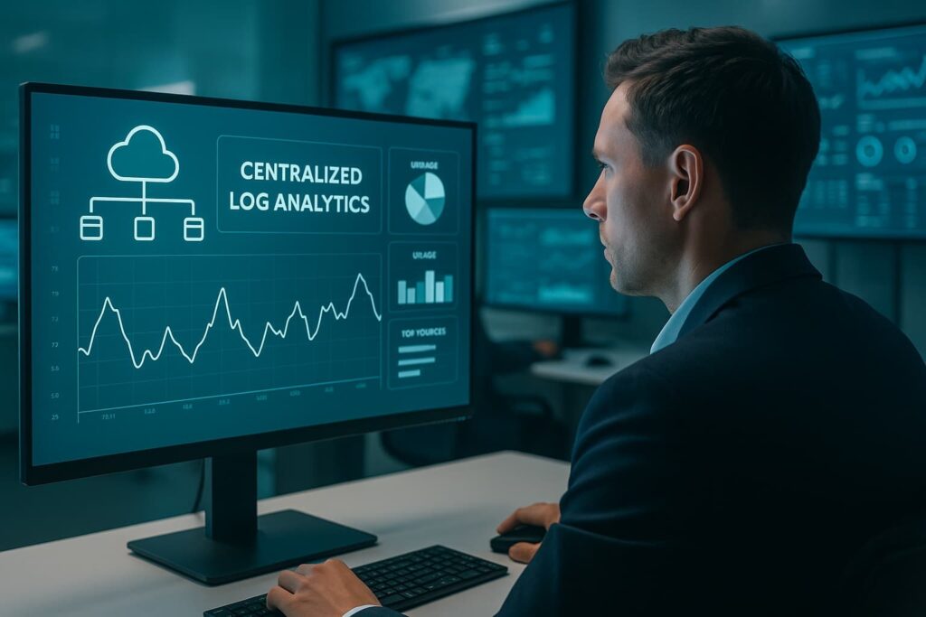 The image shows a man working at a computer, examining a dashboard displaying "Centralized Log Analytics". The dashboard includes various graphs and metrics related to log data analysis. The image suggests that the person is using a managed log management service, which likely provides features such as automated log collection, encrypted storage, scalable capacity, and continuous monitoring of the log data.