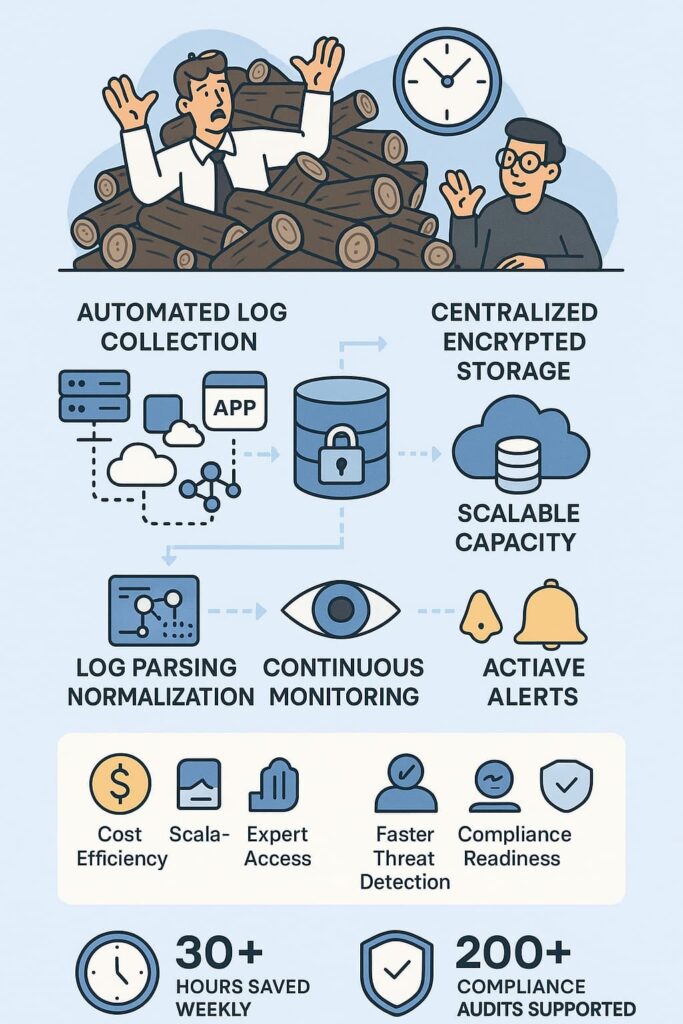 Managed log management service features: automated collection, encrypted storage, scalable capacity, and continuous monitoring.