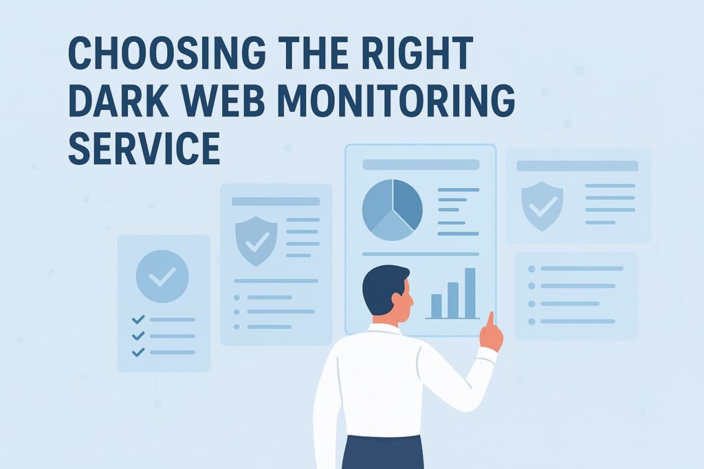 The image showcases a man analyzing dark web monitoring service data and dashboards, highlighting the importance of choosing the right service to monitor the dark web.