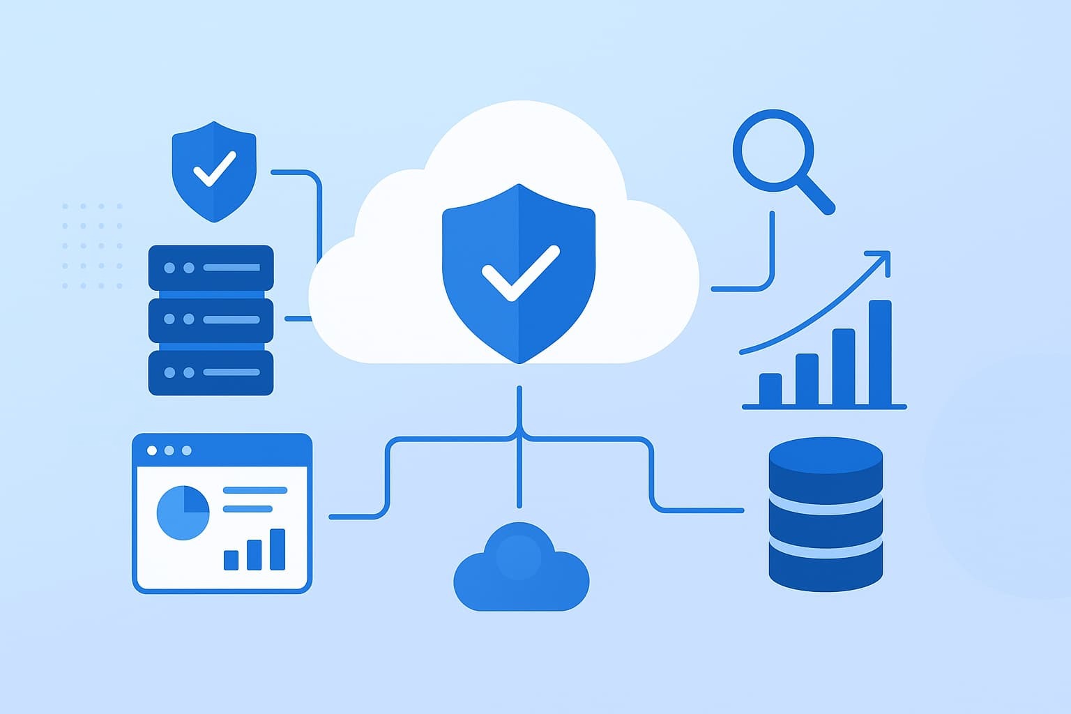 Illustration of cloud services showing benefits outsourced log collection retention with secure data management elements.
