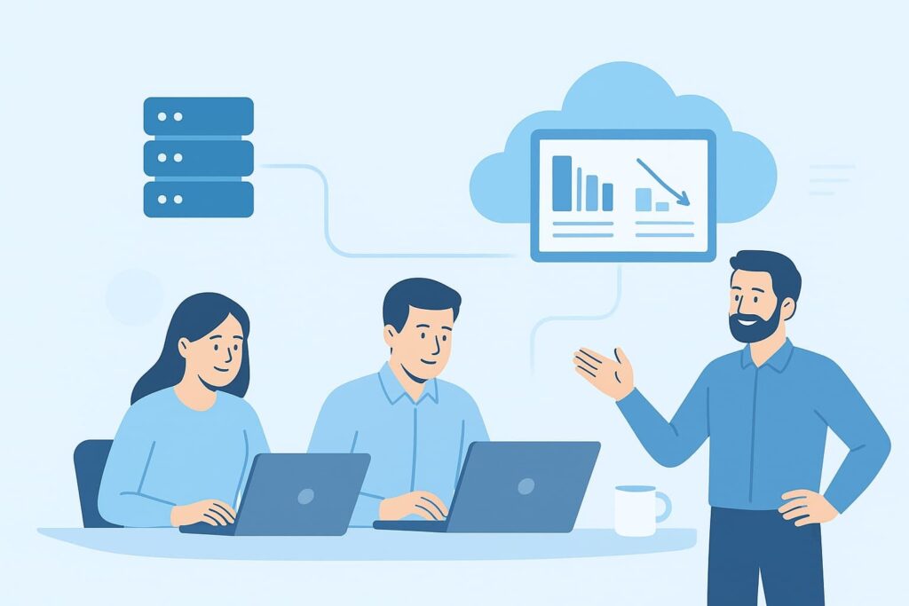 Team discussing benefits outsourced log collection retention with cloud data visualization in a modern office setting.