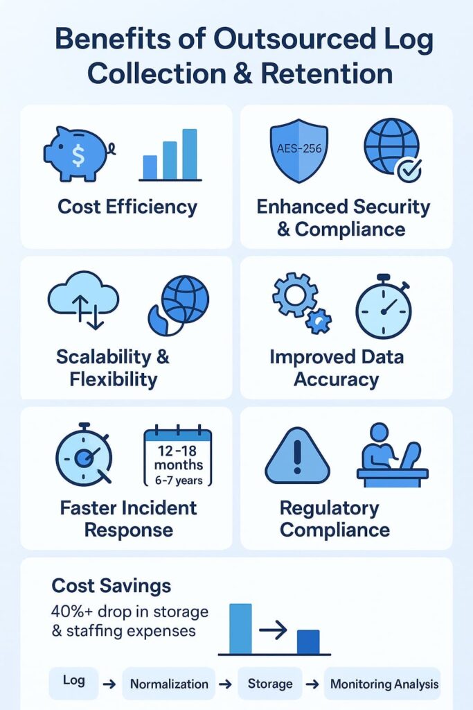 Infographic highlighting benefits outsourced log collection retention, including cost efficiency and enhanced security features.