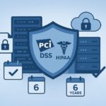 The image depicts compliance Log Retention Requirements (PCI HIPAA) symbols, servers, cloud security, and a 6-year retention period, highlighting data protection and regulatory requirements.