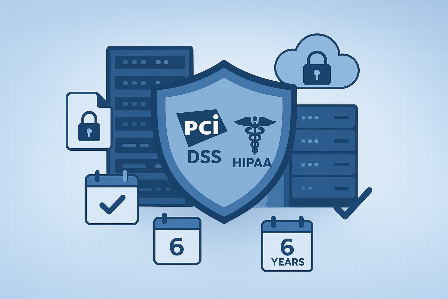 The image depicts compliance Log Retention Requirements (PCI HIPAA) symbols, servers, cloud security, and a 6-year retention period, highlighting data protection and regulatory requirements.