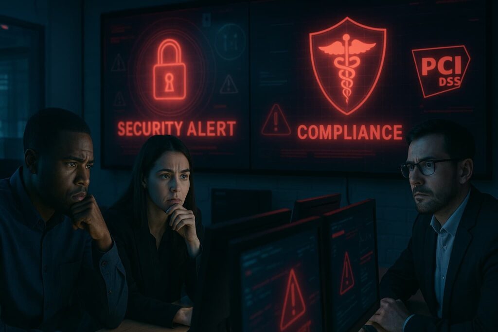  The image depicts three individuals standing in front of a security alert and compliance Log Retention Requirements (PCI HIPAA) display, highlighting the importance of data security and regulatory compliance.