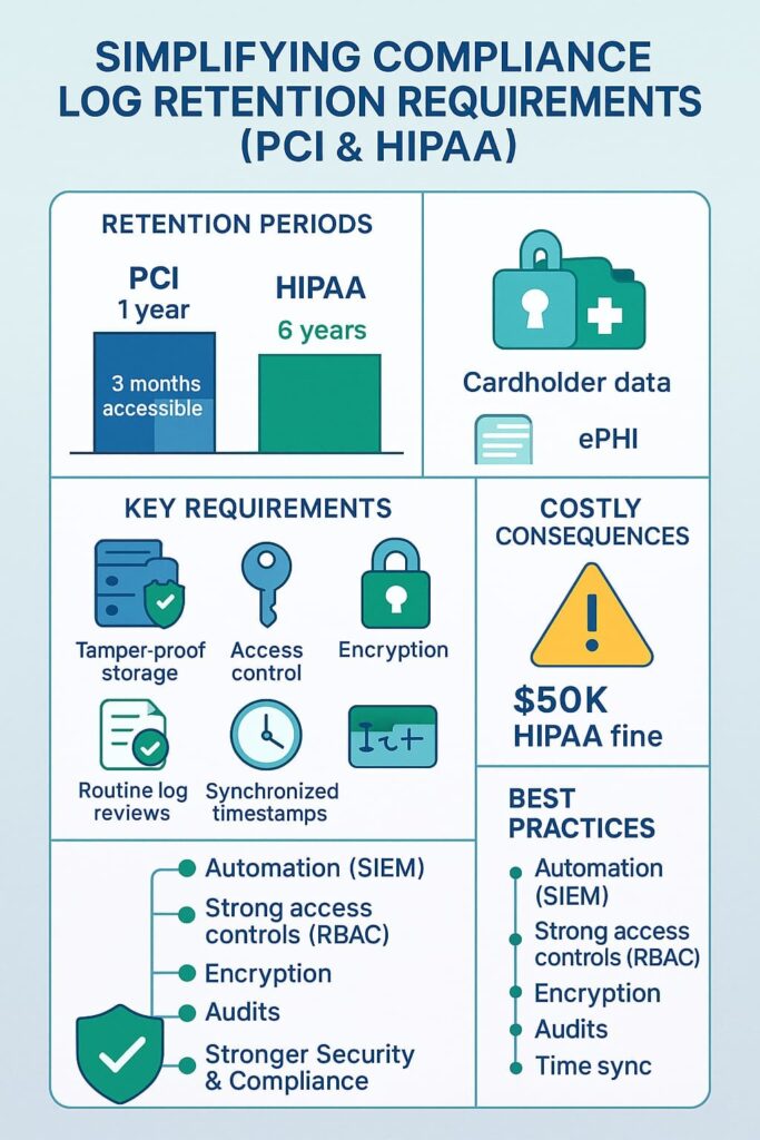 Infographic titled "Simplifying Compliance Log Retention Requirements (PCI & HIPAA)" detailing retention periods, key requirements, and best practices for managing cardholder data and ePHI.