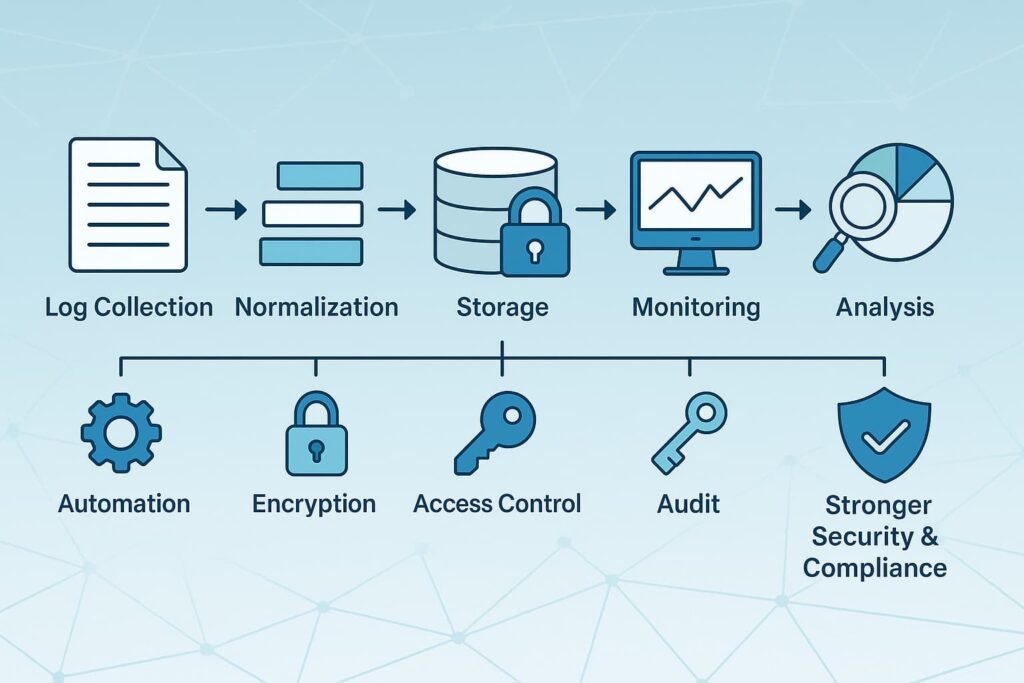 The image depicts a process flow diagram highlighting key aspects of compliance log retention requirements (PCI HIPAA), including log collection, normalization, storage, monitoring, analysis, automation, encryption, access control, audits, and stronger security and compliance practices.