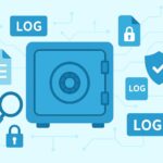 Illustration of a safe surrounded by log files and security icons, representing secure log storage analysis.