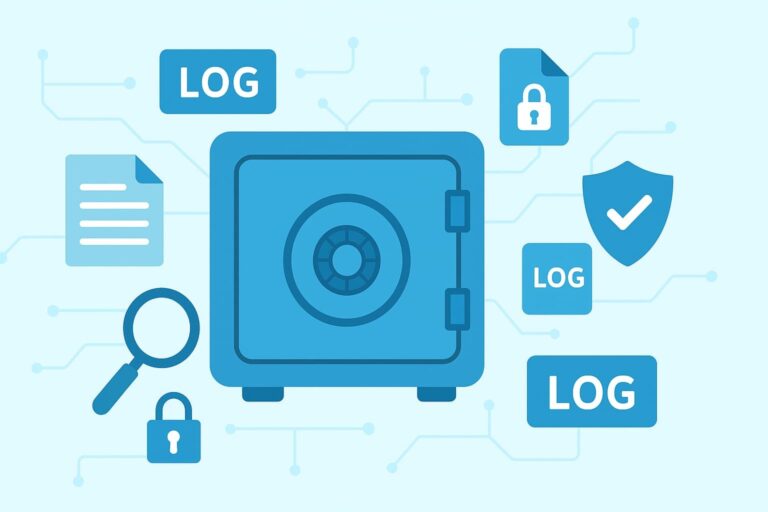 Illustration of a safe surrounded by log files and security icons, representing secure log storage analysis.