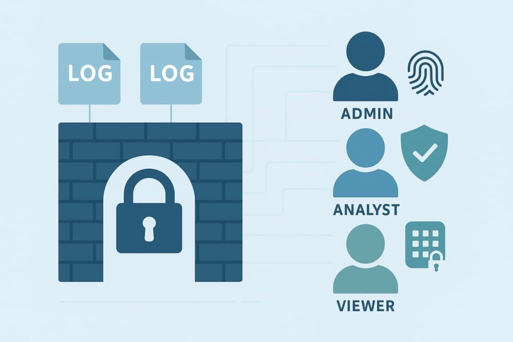 Illustration depicting secure log storage analysis with roles: admin, analyst, and viewer, emphasizing data protection.