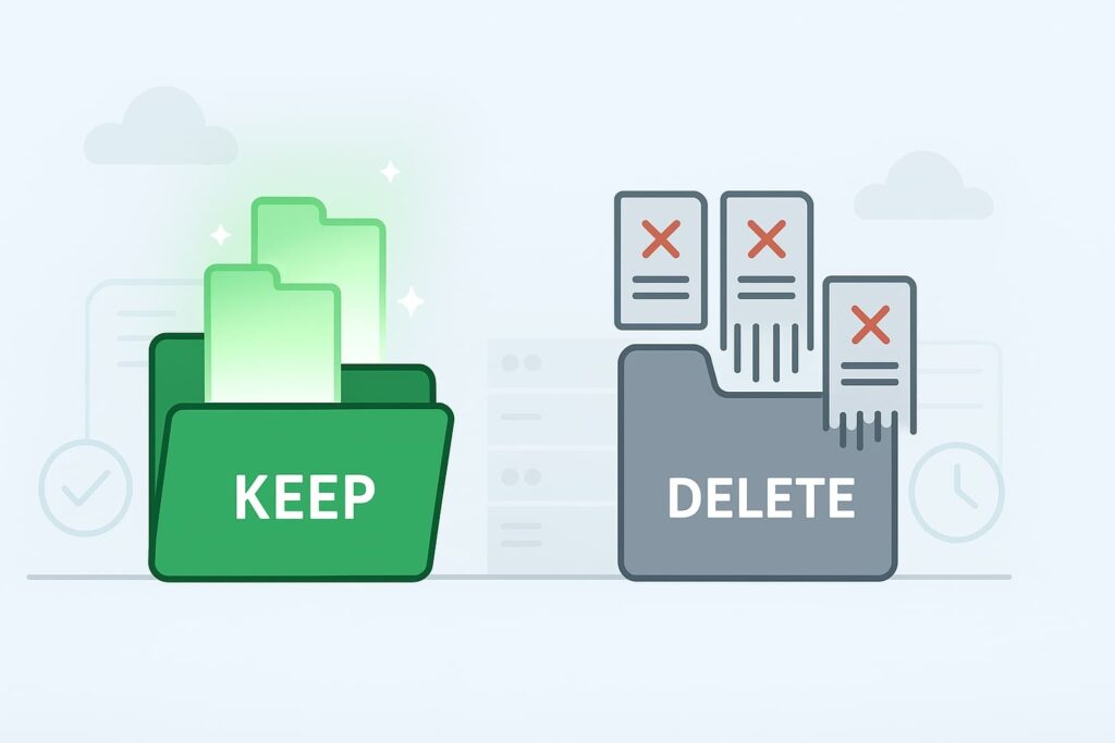  Illustration of green "Keep" and gray "Delete" folders, symbolizing secure log storage analysis and data management.