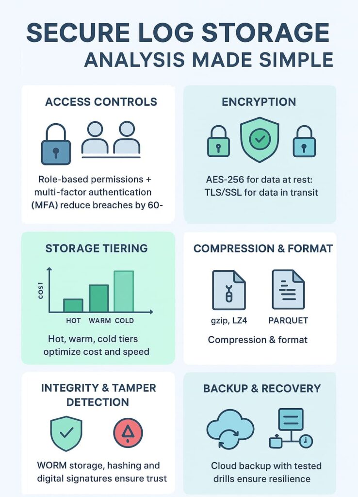 Infographic on secure log storage analysis, detailing access controls, encryption, storage tiers, and backup strategies.