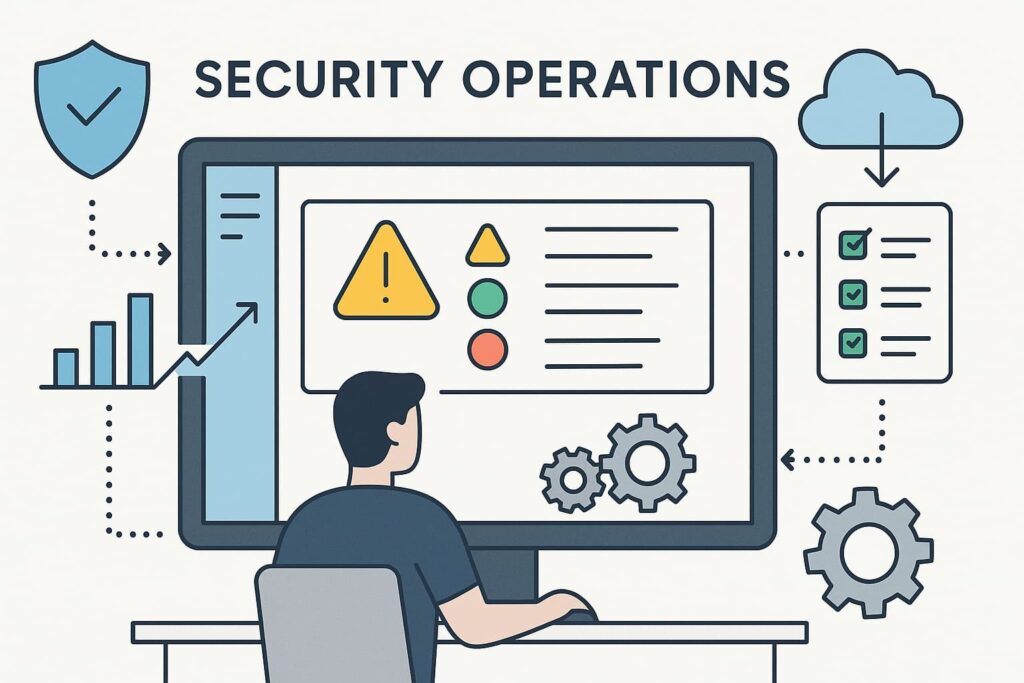 Security operations dashboard with data visualization, alerts, and system management tools, enabling efficient SIEM log management integration.