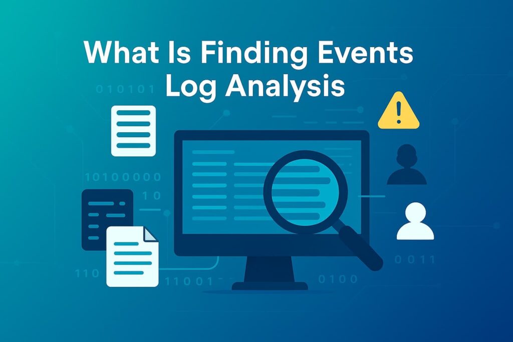  Illustration of a computer screen with a magnifying glass, depicting finding events log analysis concepts.