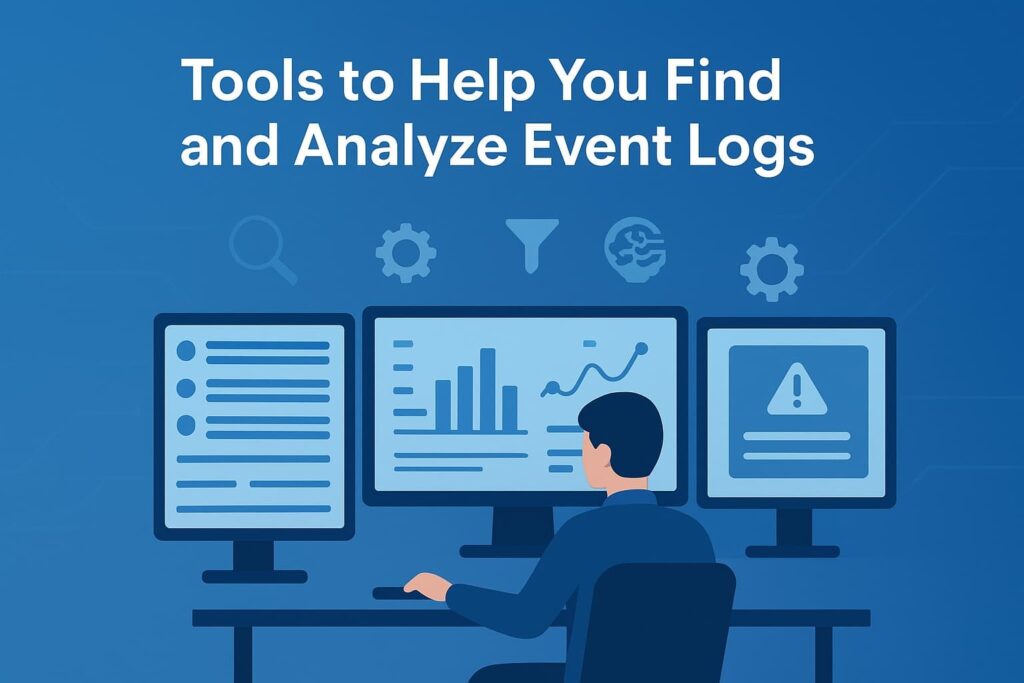  Illustration of a person using multiple screens to assist in finding events log analysis with graphs and data visuals.