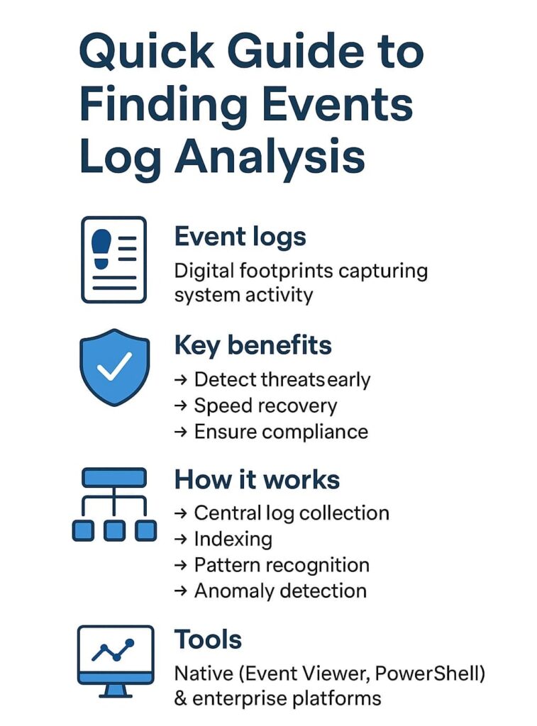 Guide outlining steps for finding events log analysis, including key benefits and tools for effective log management.