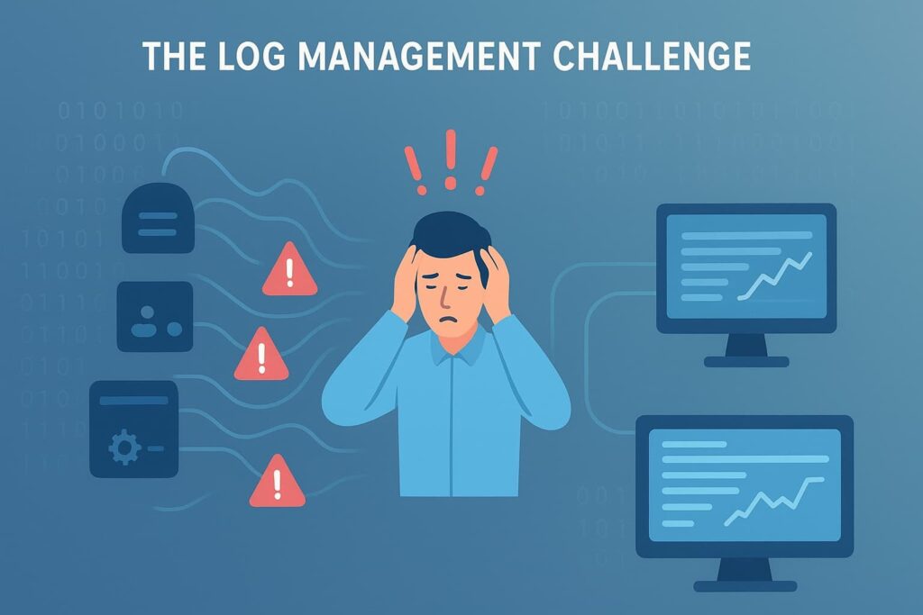 Magnifying glass analyzing logs on a computer screen, representing data review in a log monitoring alerting service.