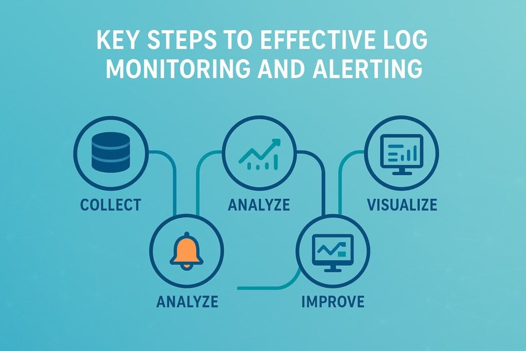 Infographic showing workflow steps for a log monitoring alerting service with icons for collect, analyze, visualize, and improve.