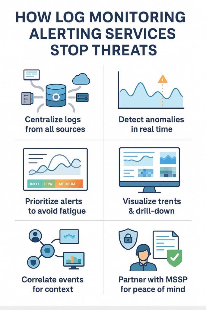 Infographic showing how a log monitoring alerting service detects threats, prioritizes alerts, and partners with MSSP support.