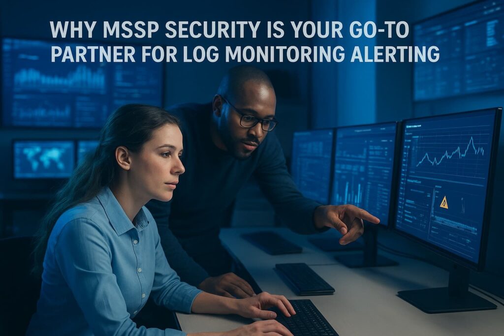 Cybersecurity team analyzing dashboards and alerts in a SOC, representing a professional log monitoring alerting service.