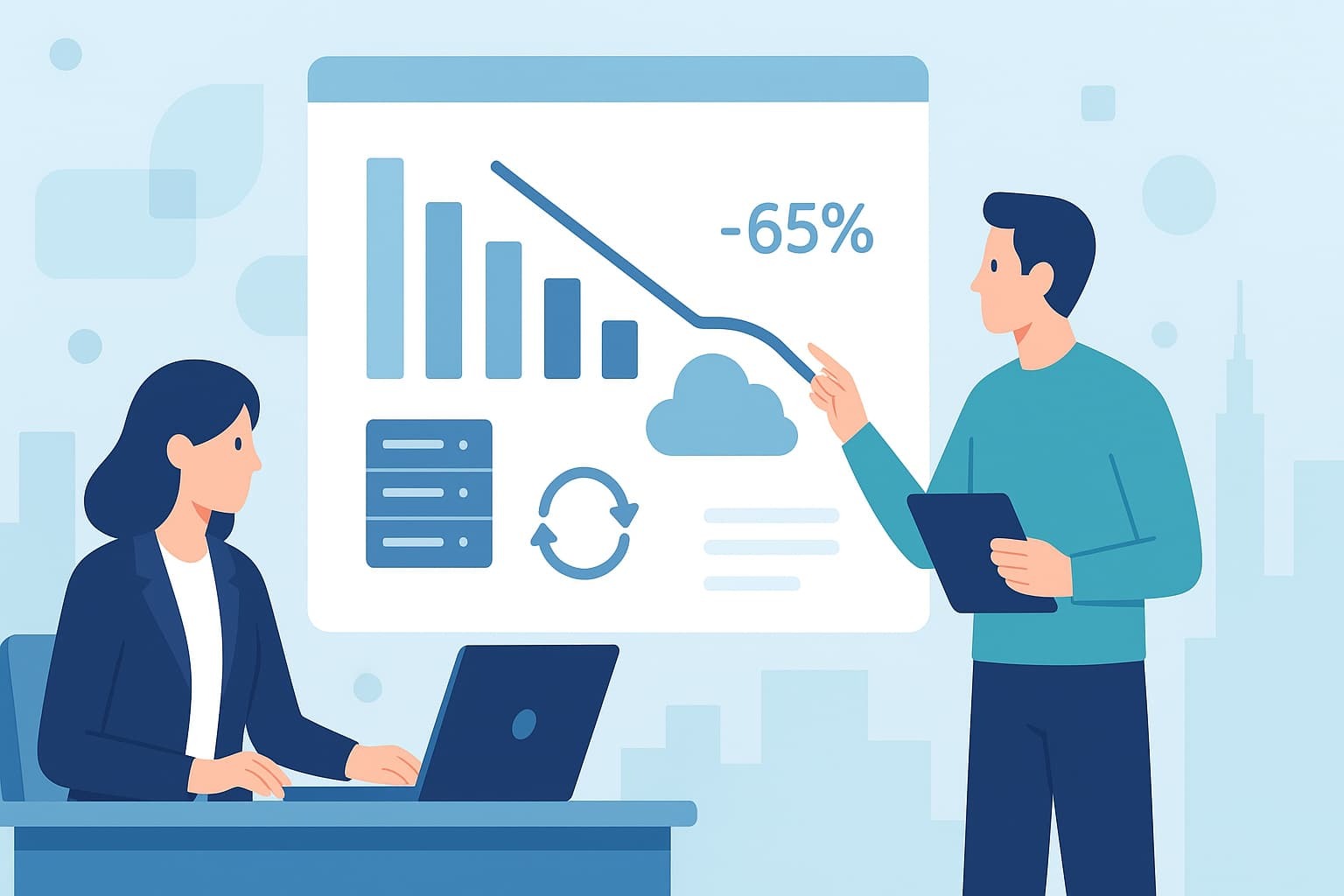 Illustration of two professionals discussing cost effective log management in [city] with graphs and data analysis on a screen.