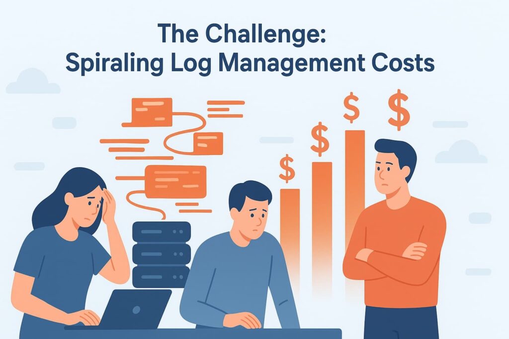  Illustration depicting the challenge of spiraling log management costs, highlighting the need for cost effective log management [city].