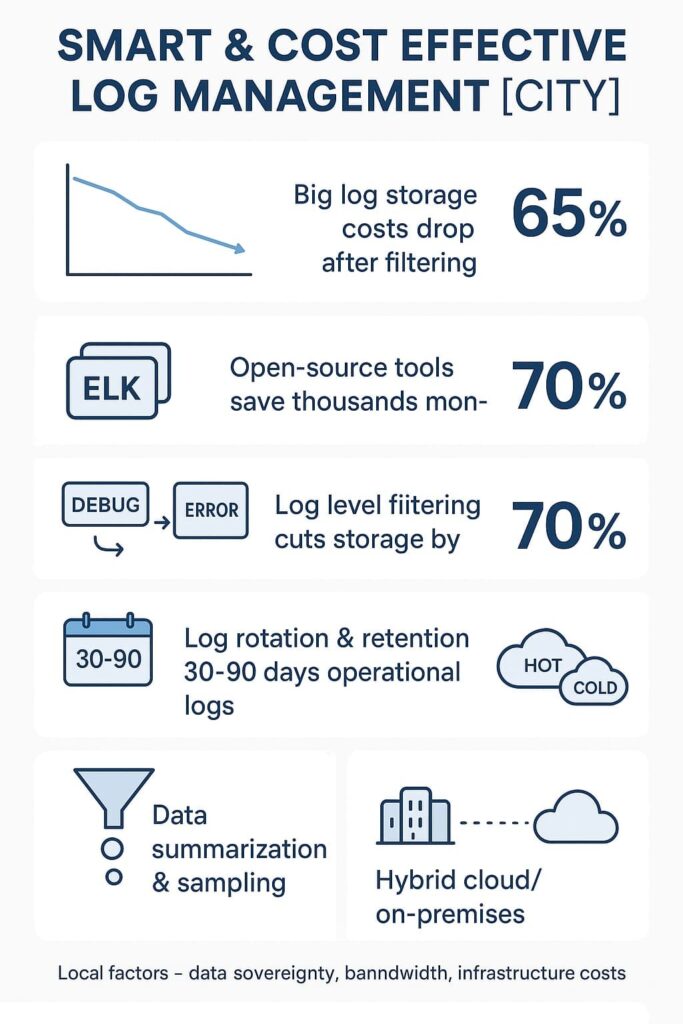 Infographic on smart and cost-effective log management [city], highlighting storage cost reduction and operational insights.