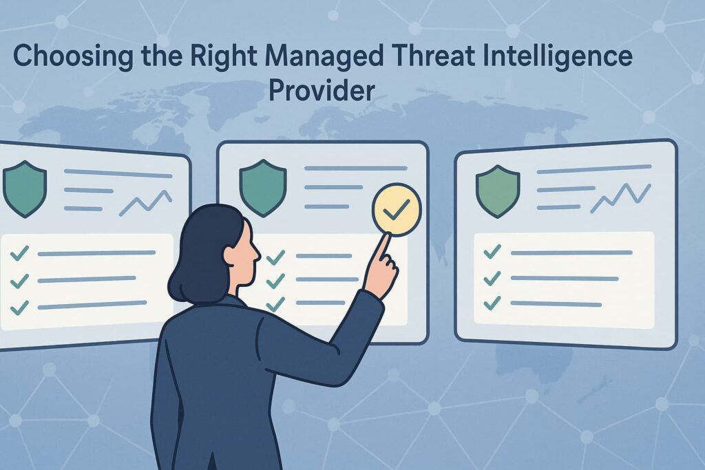 Illustration of a person selecting options on a screen, representing what is managed threat intelligence.