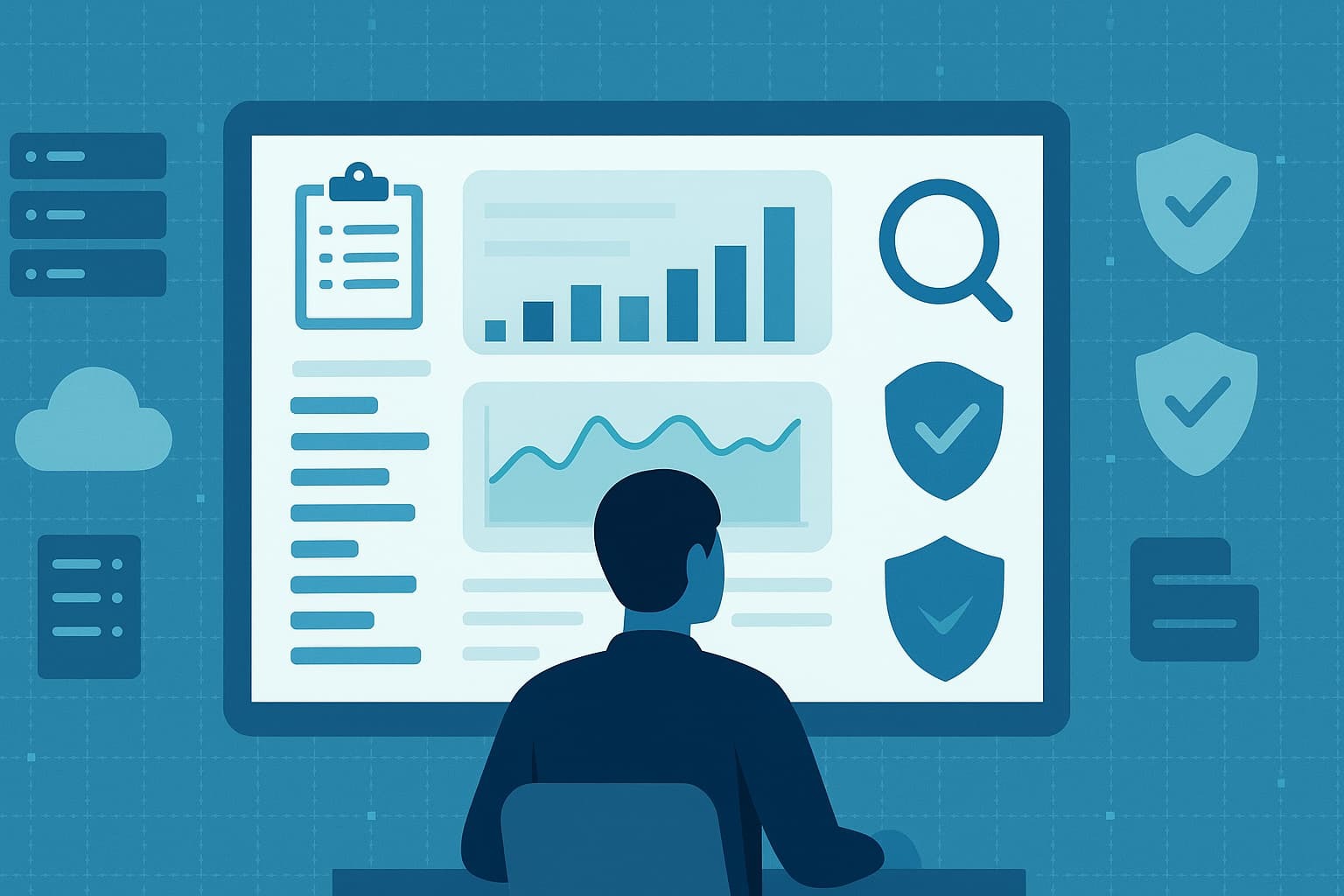 Audit trail log management dashboard with charts, graphs, and security icons, depicting data analysis and monitoring.