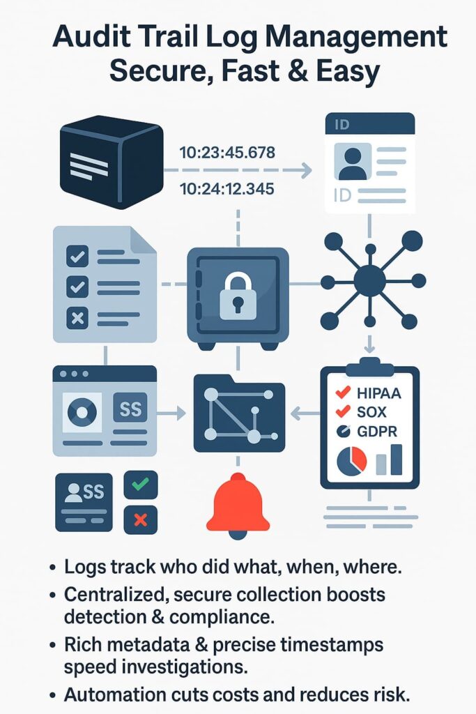 Audit trail log management practices showcased, including secure collection, rich metadata, and automation to enhance speed and compliance.