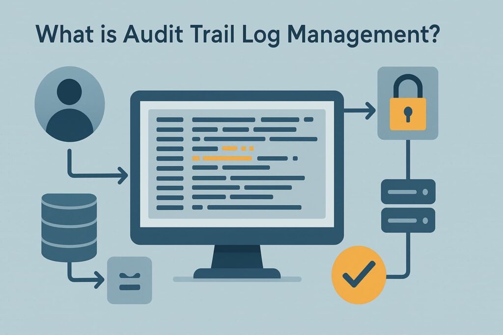 Illustration depicting the concept of audit trail log management, including a computer screen displaying log data, security icons, and data storage elements.