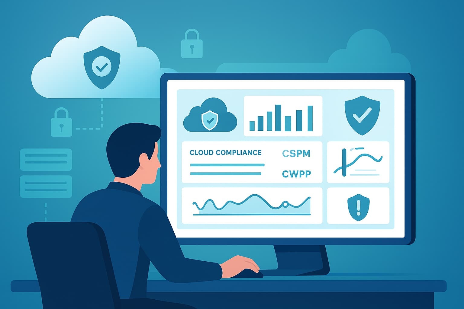 A person analyzing cloud security monitoring basics on a computer screen with various security metrics and graphs.