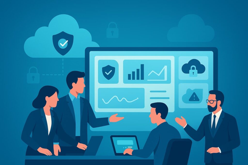 Team discussing Cloud Security Monitoring Basics with data visualizations and security icons in a modern workspace.