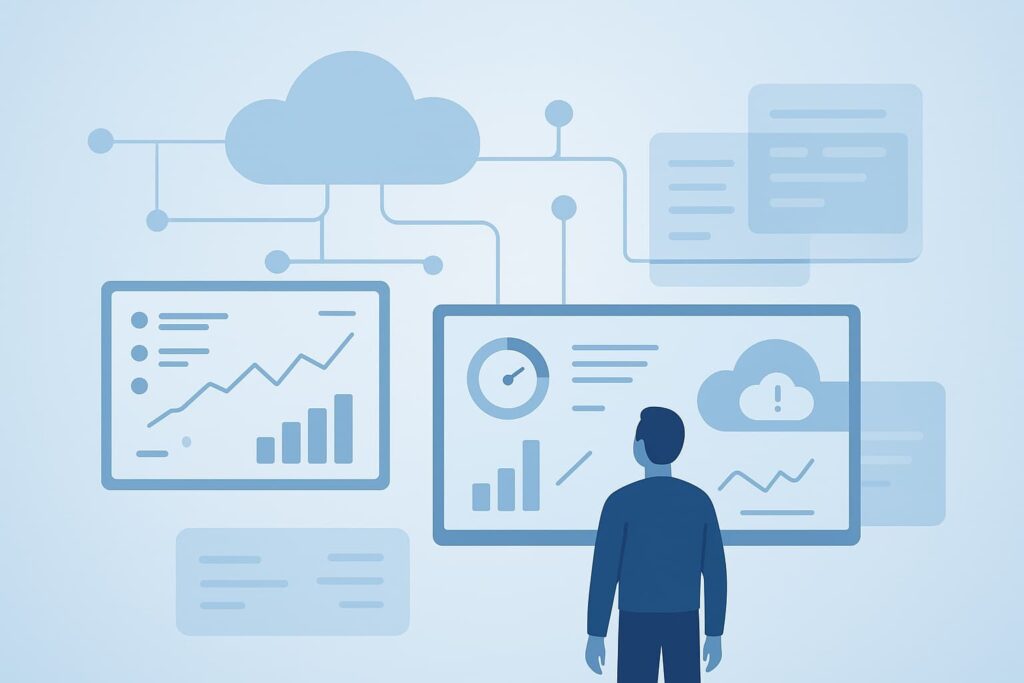 Illustration of Cloud Security Monitoring Basics, featuring a person observing cloud data and analytics on screens.