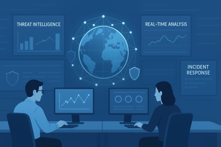 Two people analyzing cybersecurity data, including threat intelligence, real-time analysis, and incident response, on computer screens